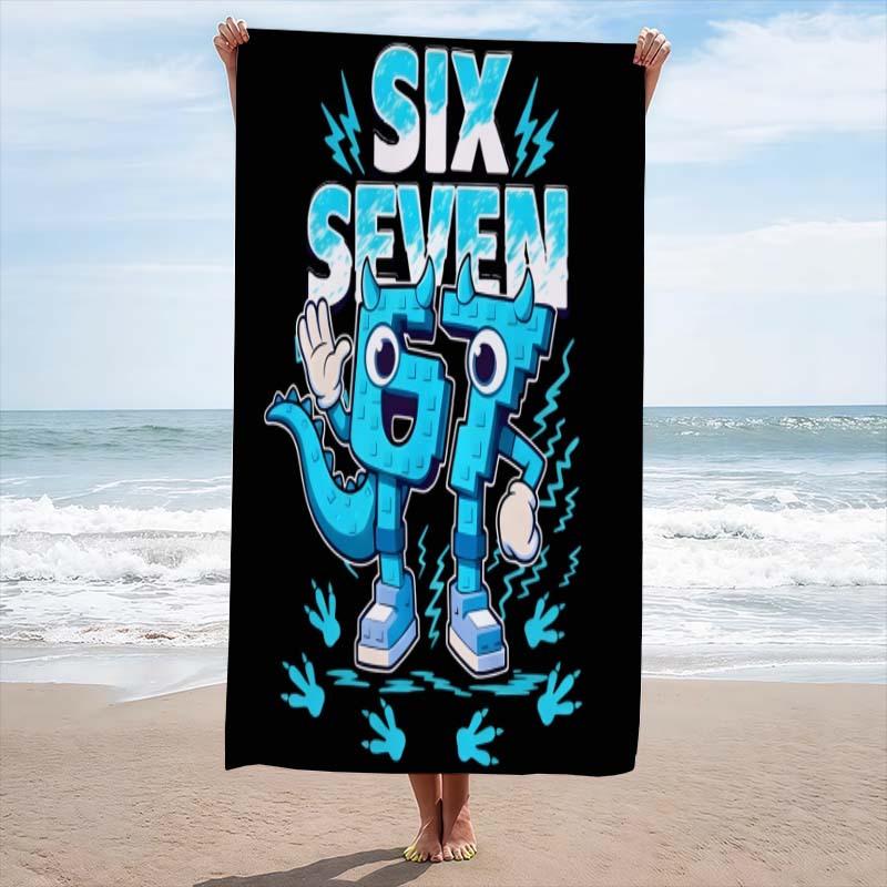 1pc 67 Monster Fan Quick Dry Beach Towel, Polyester Lightweight Soft Towel, Six Seven Cartoon Dino Print, for Beach Swimming Sur