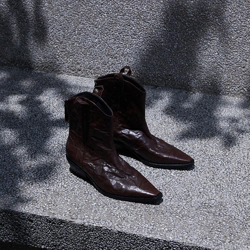 Verze z hovězí kůže Boty~ Malé krátké boty Dámské Martensky V-výstřih Kožené holé boty Špičaté Hnědé Silný podpatek Westernové Kovbojské boty