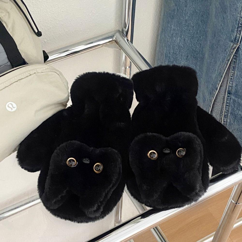 Cute Kitty Mitten Warm Cat Halter Gloves Fashion Black Cat Fur Gloves Riding