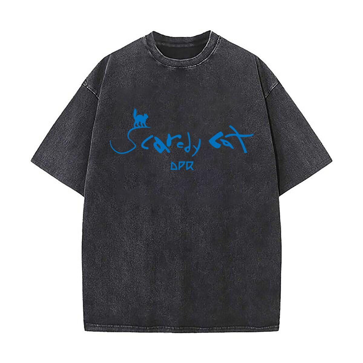 Scaredy Cat Humorous Text Art Retro Washed Distressed T Shirt Men Summer Casual Short Sleeve S