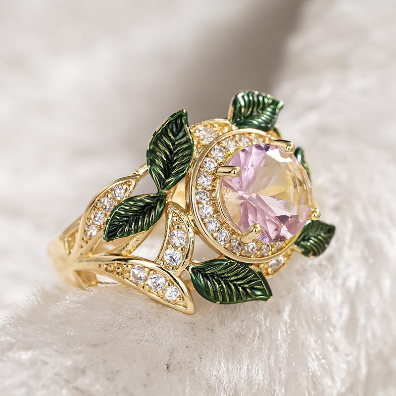 Huitan Elegant Fresh Style Lady Ring Flower Design Inlaid Shiny Pink CZ Leaf Shaped Aesthetic Wedding Accessories Trendy Jewelry