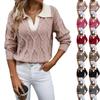 Women's Fashion Lapel Long Sleeve Contrast Color Knitted Sweater