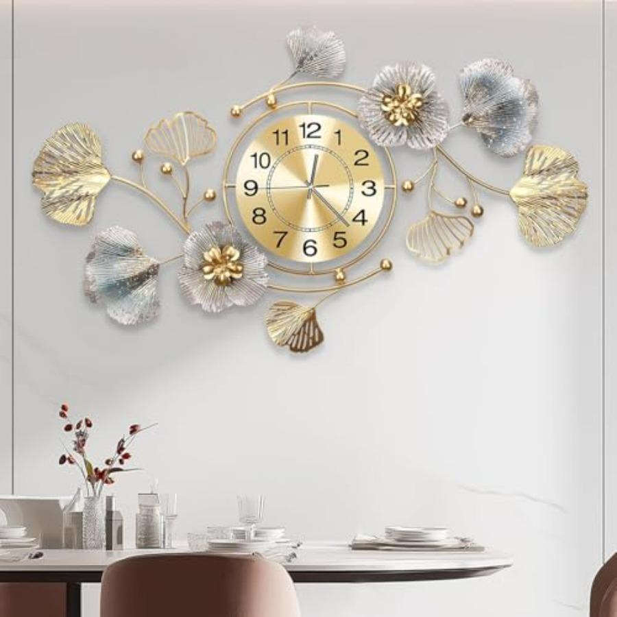 Large 3D Silent Wall Clock for Living Room Bedroom Kitchen Decor Retro Metal Ginkgo Leaf Design In Golden Color 32''x18''