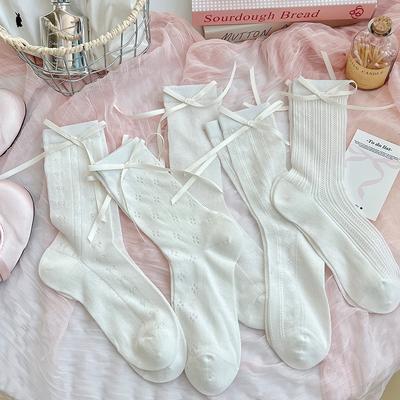 Female Summer Thin Sweet Ribbon Bow Mesh Boneless White Medium Tube Stack Socks