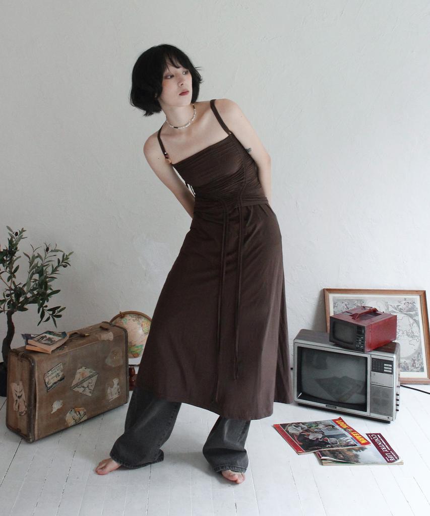 Rubati Shirred Strap Tube Top Dress_Brown
