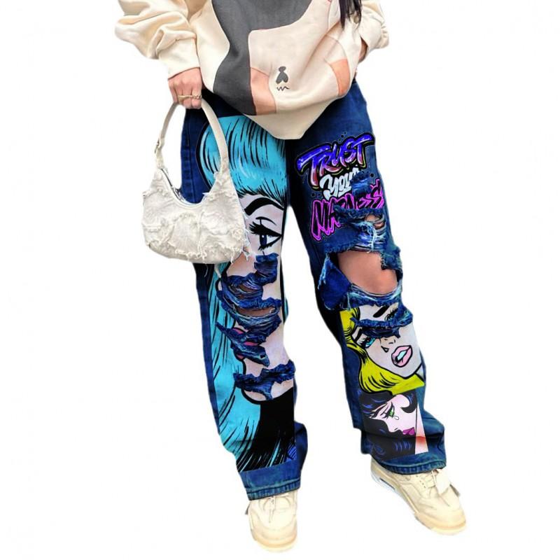 High Street Style Printed Baggy Wide Leg Jeans Hip Hop Cartoon Graphic Denim Trousers Streetwear