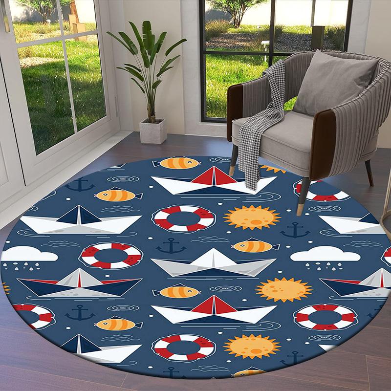 1pc Office Carpet Chair Mats Nautical Pattern with Boats, Fish, and Lifebuoys Perfect for Decorating Office Chairs, Living Rooms, Or Bedrooms