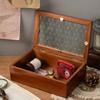 Wood Glass Jewelry Cosmetics Display Case Accessories Storage,Vintage Wooden Storage Box with Metal Clasp and Glass Top Lid