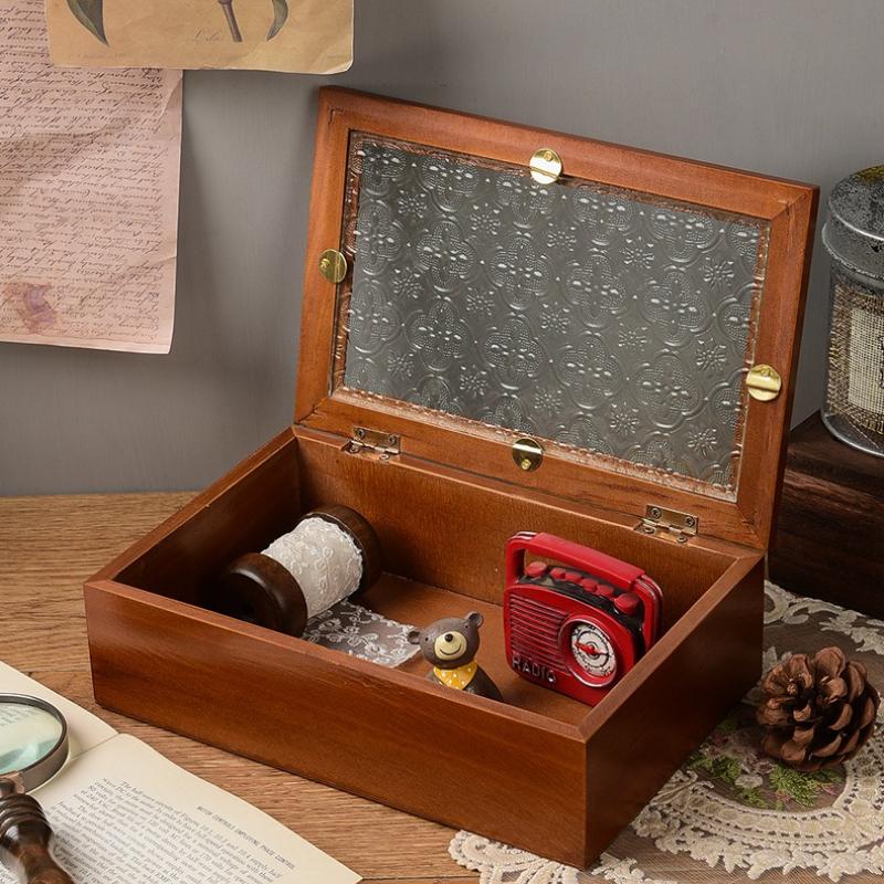 Wood Glass Jewelry Cosmetics Display Case Accessories Storage,Vintage Wooden Storage Box with Metal Clasp and Glass Top Lid