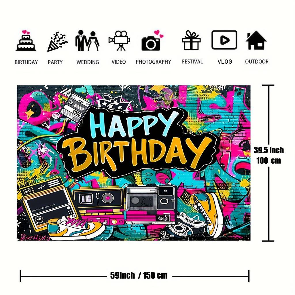 Retro Backdrop Banner - Vibrant Graffiti Design, Urban Retro Style, 80s 90s Theme, Birthday Party Cake Table Decoration