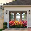 2D Indoor Garden Banner, Vibrant Tulips and Arched Windows Backdrop for Decor