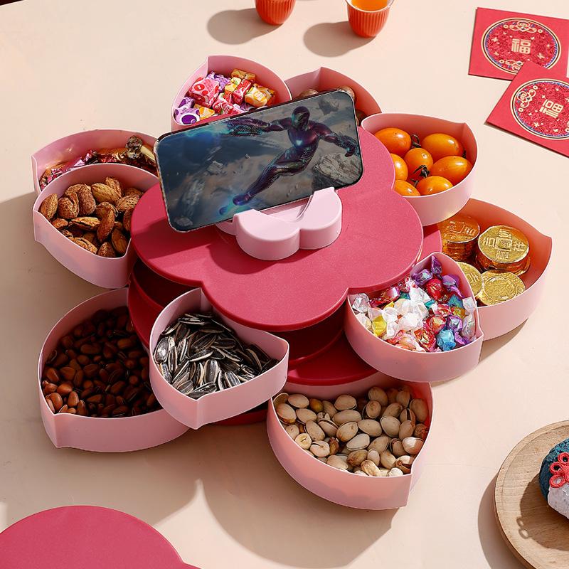 Chinese Style Double-layer Rotating Fruit Tray Candy Box Lotus Fruit Box New Year Candy Fruit Storage