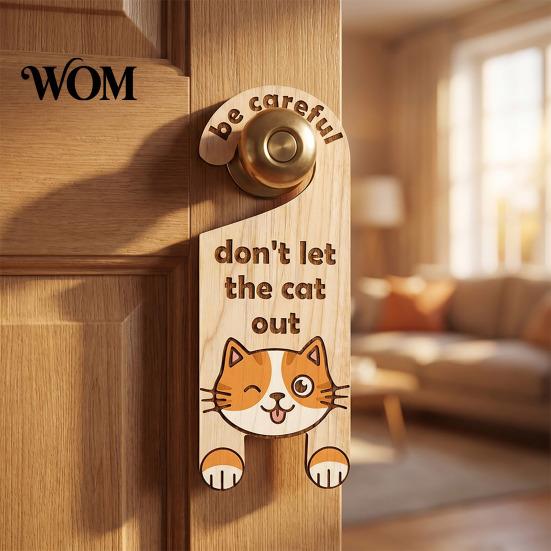 Cat Room Entrance Warning Door Handle Sign, Wooden Cartoon Hanging Reminder, Pet Sign Safety Knob Hanger, for Bedroom And Entryway Doors Decorative