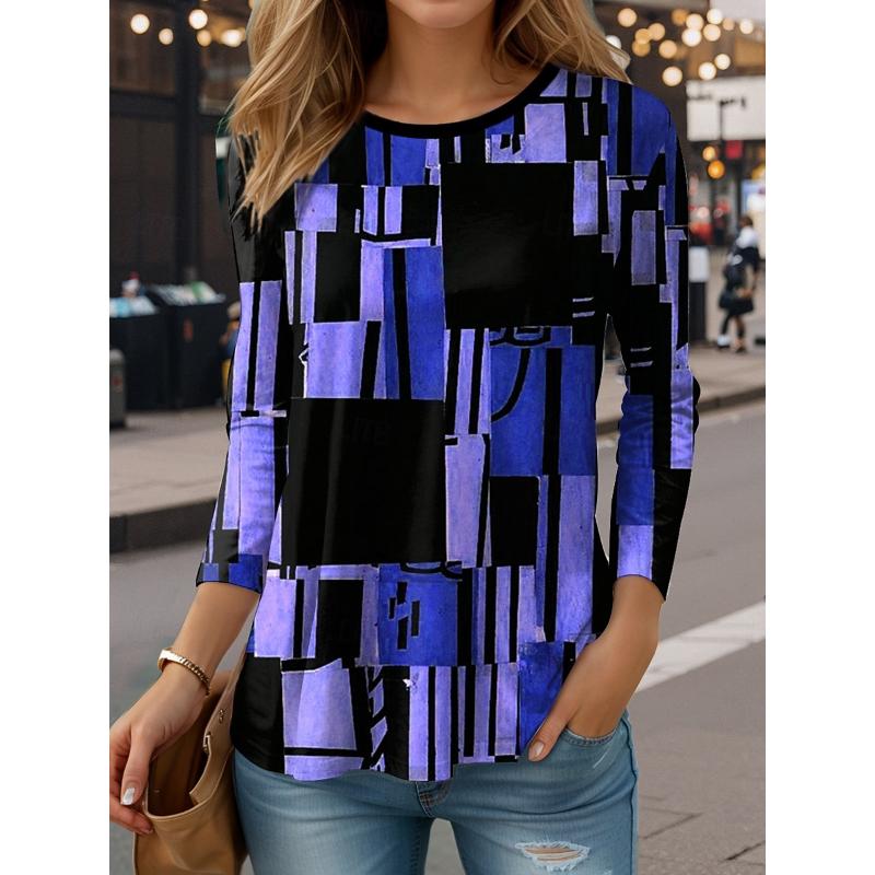 Striped Checkered Printed Pattern Women's Long Sleeved T-shirt, Winter Warm T-shirt Top, Fashionable Casual T-shirt, Must-have Top for Parties