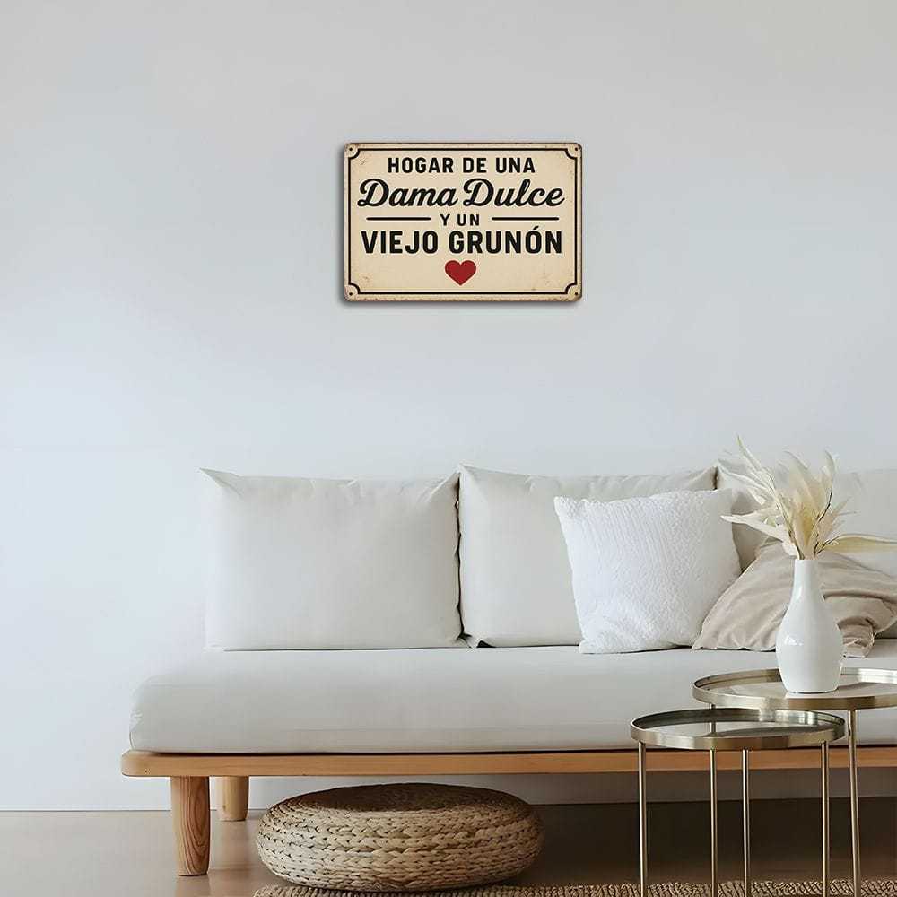 Vintage Spanish Metal Sign "Hogar De Una Dama Y De Un Grunon," 8x12 Inch, Distressed Finish.