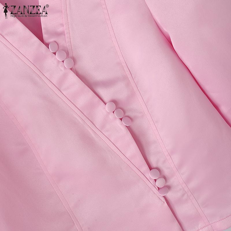 ZANZEA Women Casual V-Neck 3/4 Sleeve Elegant Satin Blouse