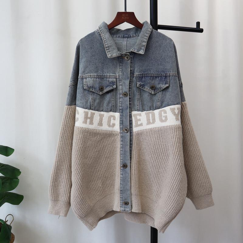 Autumn and winter new splicing denim design knitted cardigan loose medium and long sweater jacket women