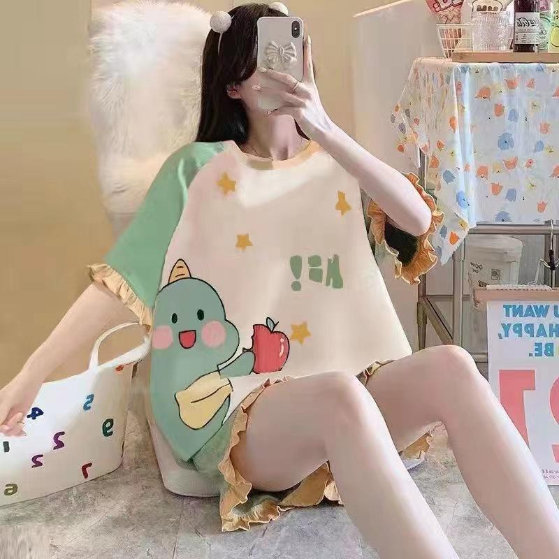Summer Shorts Set Women's Pajamas Set Cute Cartoon Print Leisure Young Girls Sleepwear Short Sleeve Tops and Shorts Pijamas Women Homewear