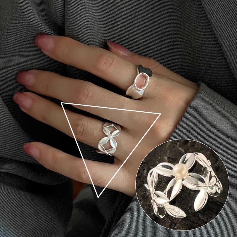 Prsten ve stylu korejském S925 postříbřený s nepravidelným listem - Dámská vintage móda, Jednoduchý zakřivený okraj Srdce Geometrický Otevřený design pro ukazováček.