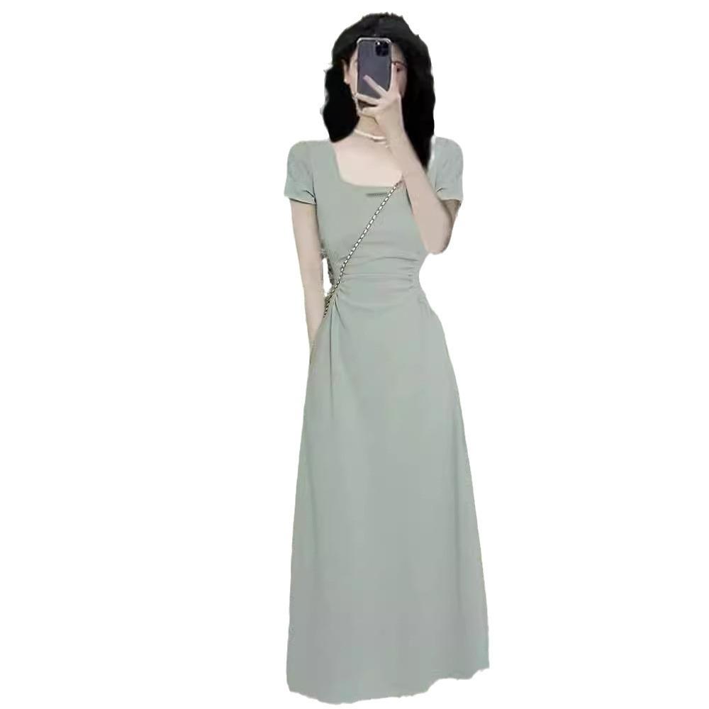 Summer New Hepburn Style Temperament Square Neck Pleated Black Dress Children Thin Design Small Black Dress