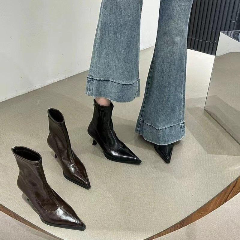 Fashion Booties Women Autumn New Pointed Toe Rear Zipper Anti-slip Wear-resistant Skinny Heel High Heel Skinny Boots