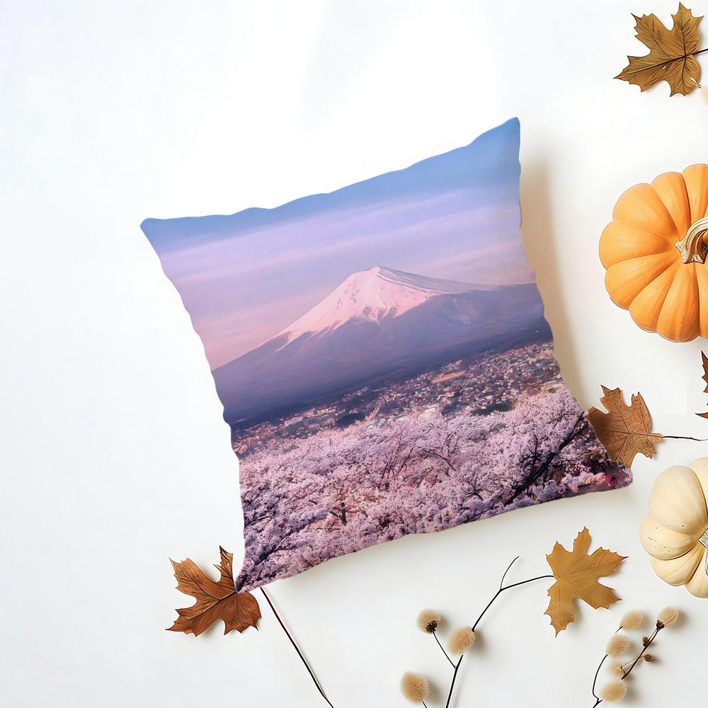 Japanese Cherry Blossom Fuji Mountain Sunset Cushion Cover Washable Linen Pillowcase Soft for Daily Sofa Bed Home Room Decor