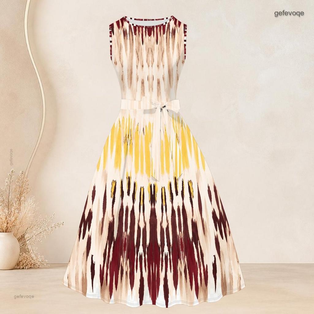 Women Plus Size Two Piece Dress Set 3 4 Sleeve Open Cardigan Sleeveless Round Neck Tie Waist Flared Dress Striped Printed