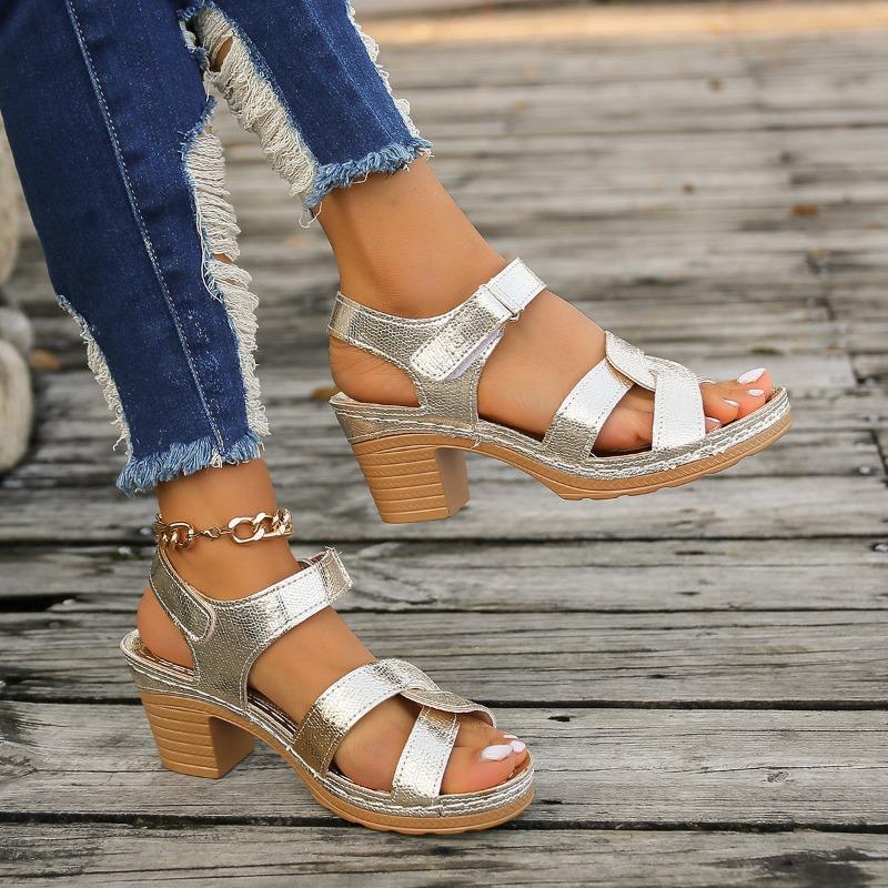New sandals spring and summer high-heeled sandals leak toe cross strap Velcro high-heeled large-size sandals