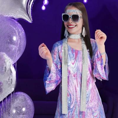 Women Dress Retro Sequin Bell Sleeves Plus Size Loose Fit Printed Halloween Cosplay Hippie Disco Dance Performance Party Bronzing Evening Dress