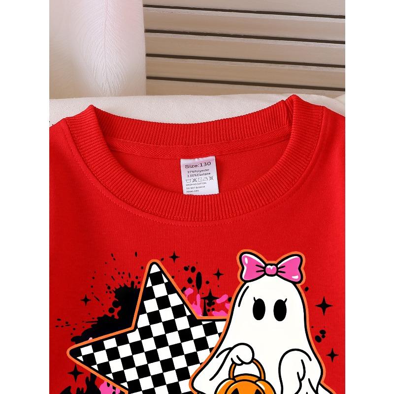 European sizes Girls' Soft Crewneck Sweatshirt Spooky Ghost Pumpkin Checkered Star Print, Casual All-Match, Ideal Holiday Present