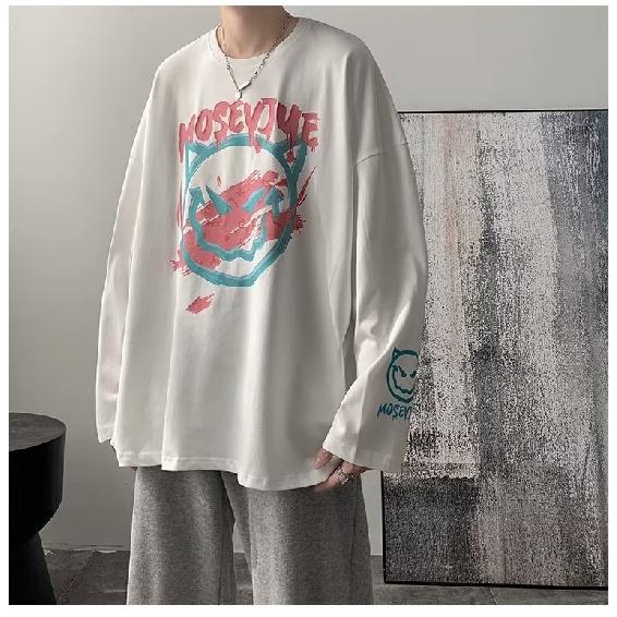 2024 Men's Long-Sleeved T-shirt Autumn Undershirt Long Sleeve Cotton Autumn Hong Kong Style Printing Loose Trendy Top