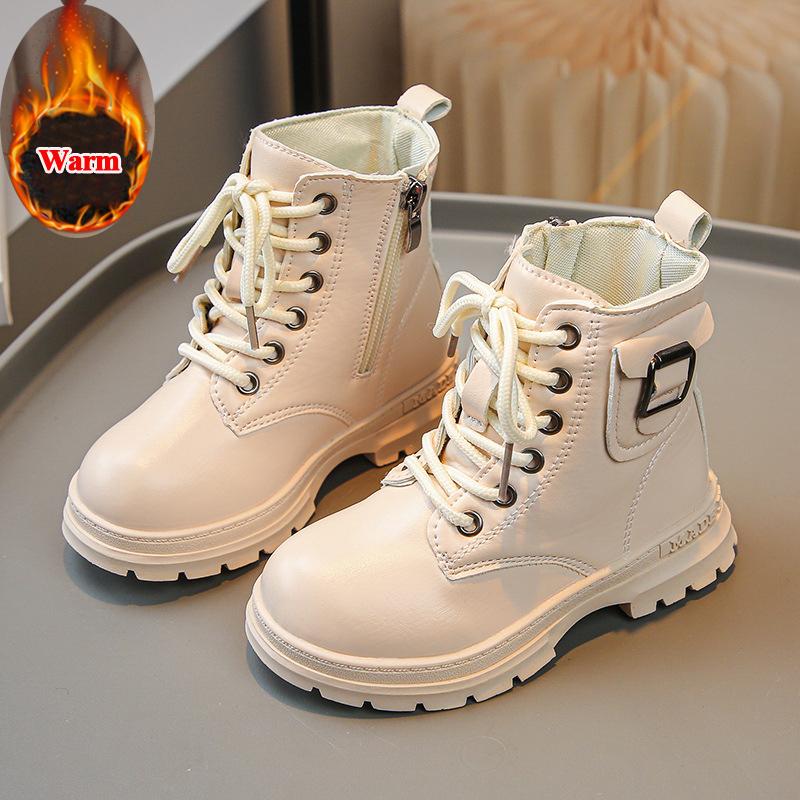 Autumn Winter Children Leather Boots Girls Silver High-top Boots Princess Side Buckle Design Leather Shoes Kids Warm Cotton Boot