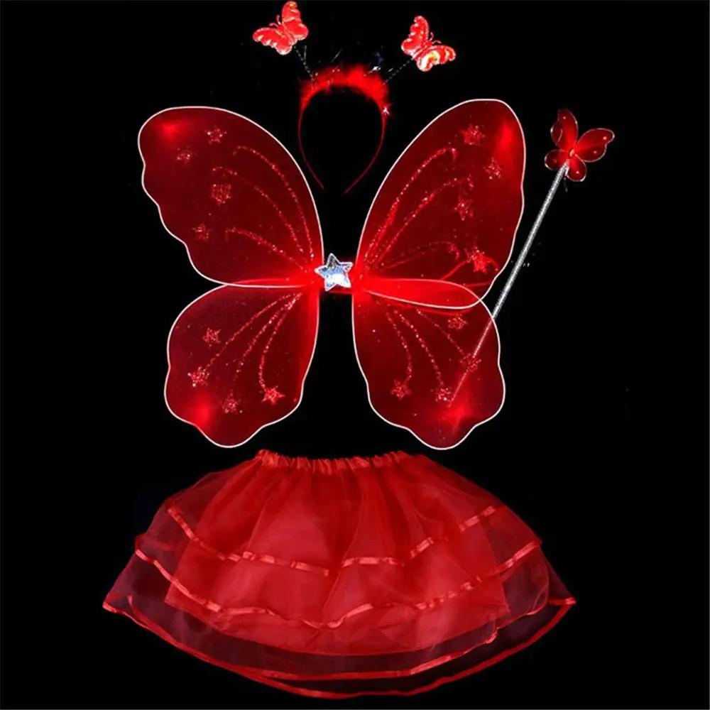 1set Colorful Kids Girls Fairy Princess Costume Sets Stage Wear Butterfly Wings Wand Headband Tutu Skirts красный