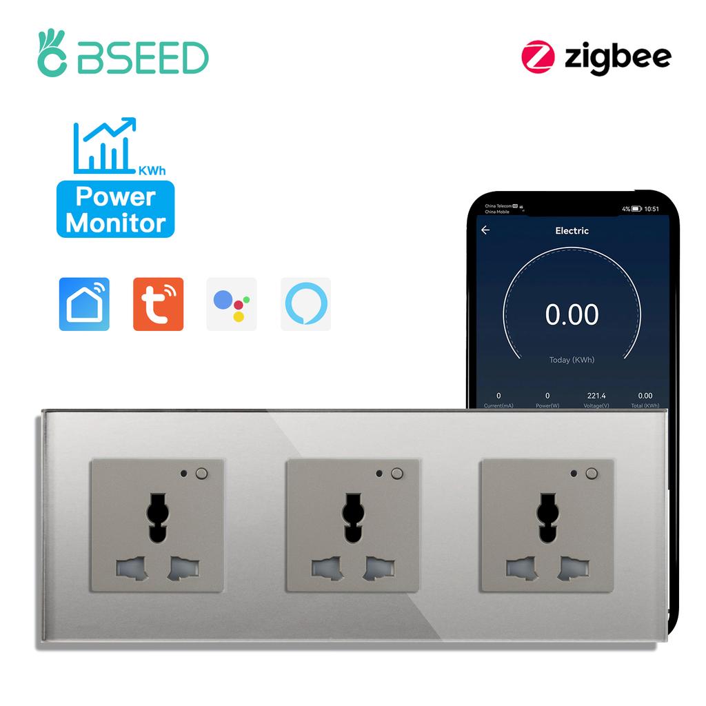 BSEED Zigbee Soquetes Inteligentes Universais Monitor de Potência Soquete de Energia Multifuncional Controle por App Tuya Smart Life Alexa Estrutura de Vidro