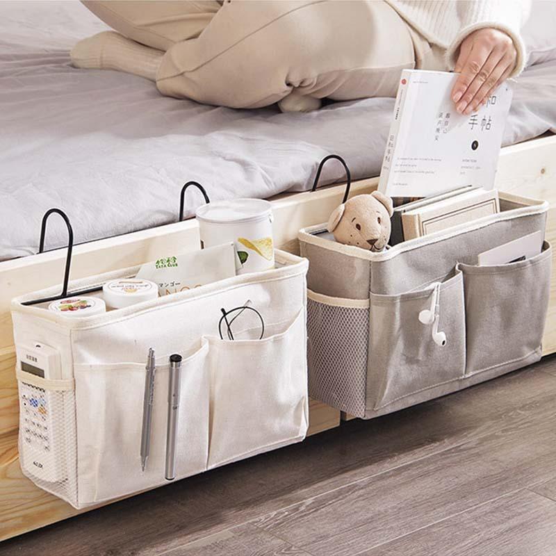 Bedside Hanging Organizer Multiple Pockets Durable Cotton Linen Large Capacity for Hospital Patient Bed Storage