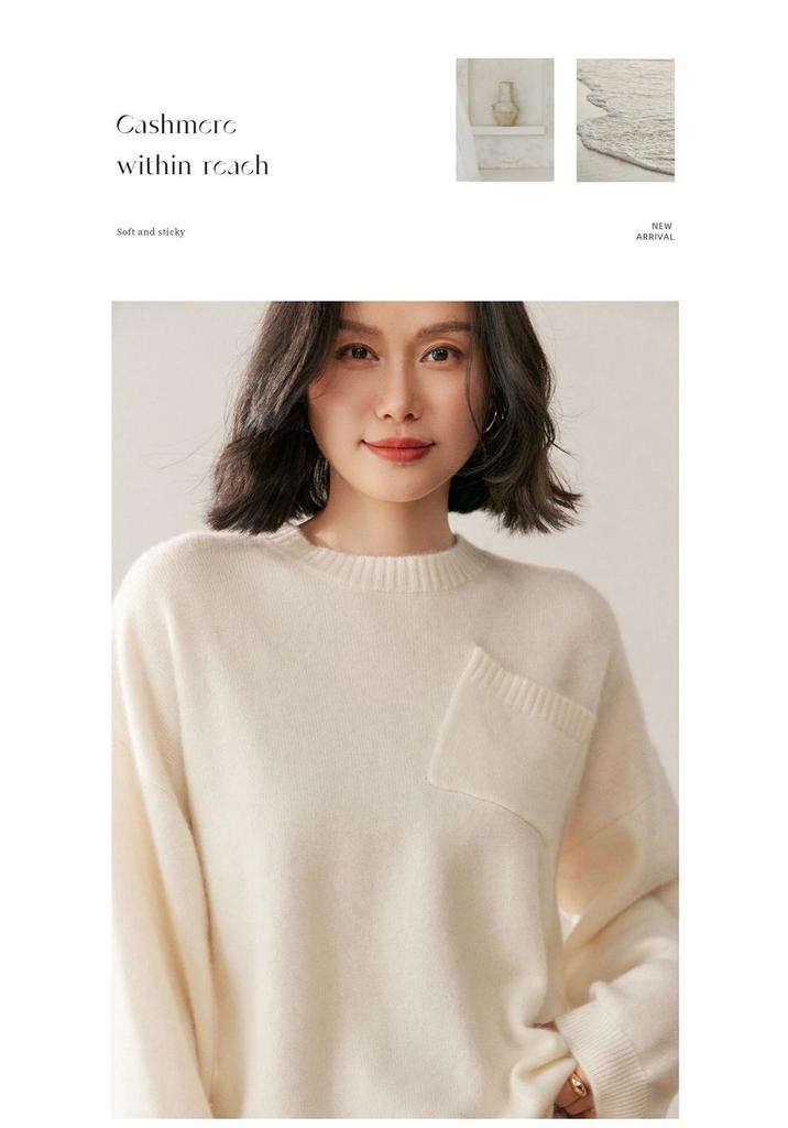 Women's Cashmere Round Neck Sweater - Autumn/Winter 2026 Collection, Loose Fit, Slimming Knit Base Layer with Pockets, Warm and Stylish.