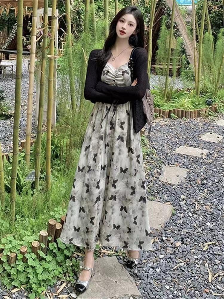 Women's Summer Slim-Fit Floral Dress Set with Cardigan - French Style