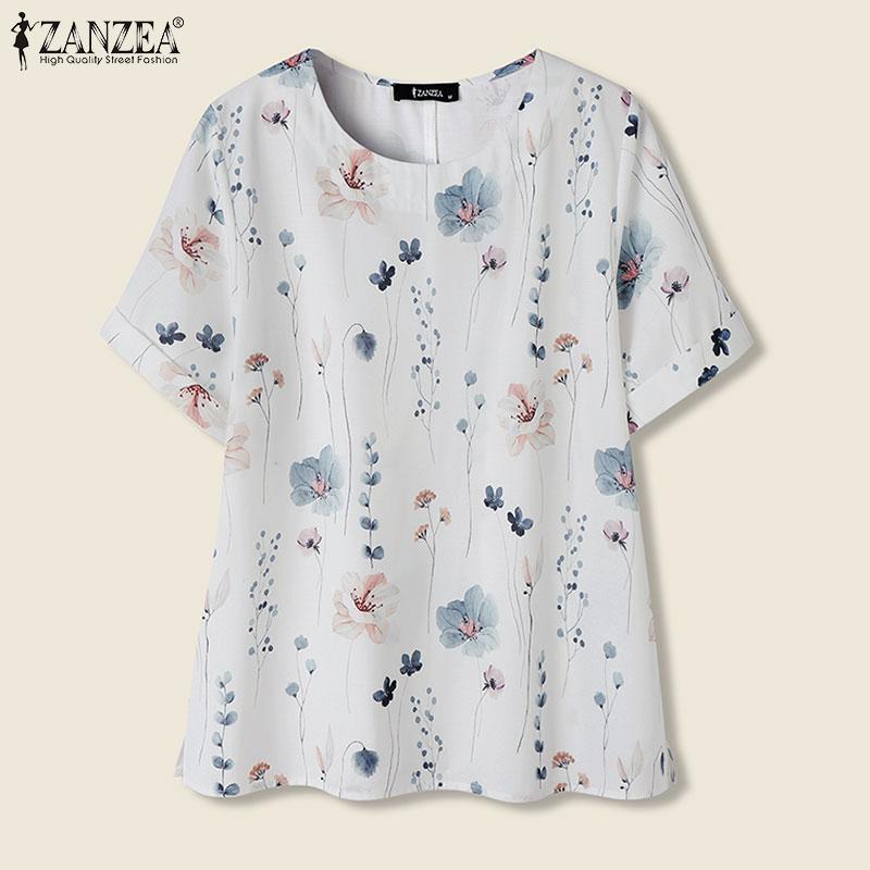 

ZANZEA Летние женские топы с короткими рукавами и цветочным принтом