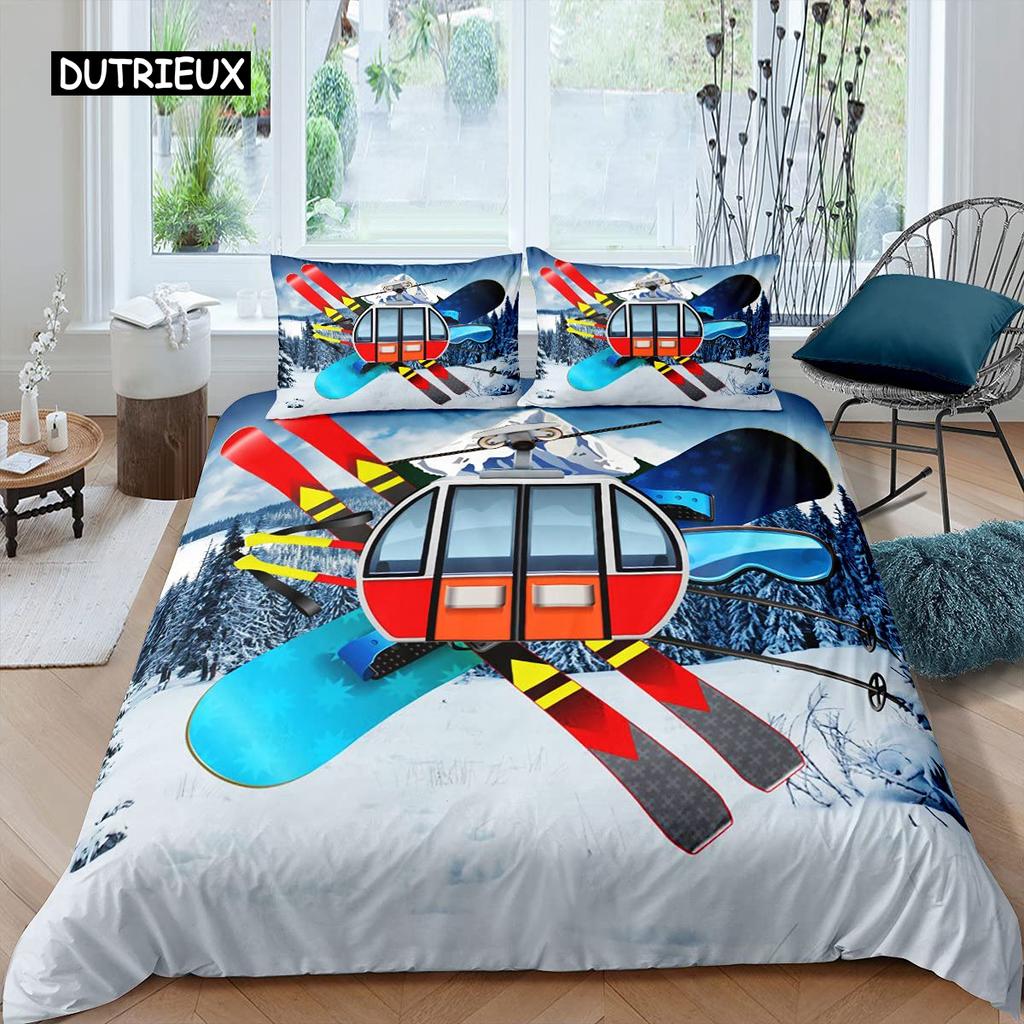 Ski-Bettbezug-Set, Cartoon-Ski-Bettwäsche-Set, Sport-Thema, Bettbezug, Extremsport-Design, Queen- und King-Size-Bettbezug