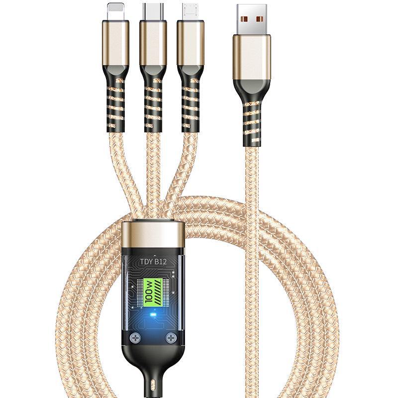 100W Crystal 3-in-1 Transparent Data Cable with Light Version
