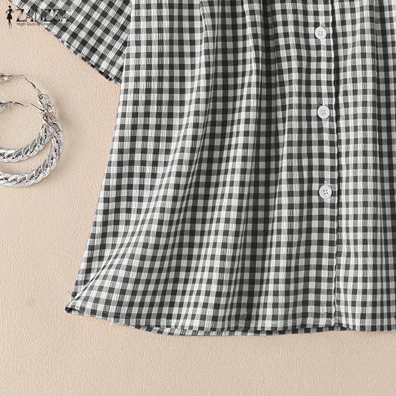 ZANZEA Women Casual Turn Down Collar Loose Short Sleeve Plaid Print Blouse