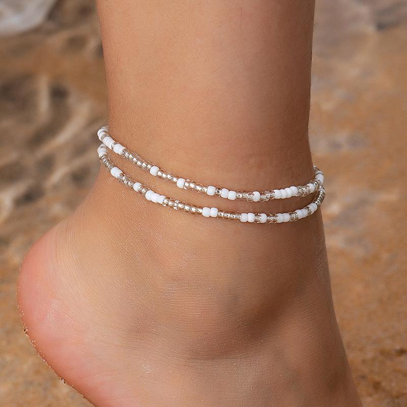 

2 простых браслета на ногу из рисовых бусин для женщин белый