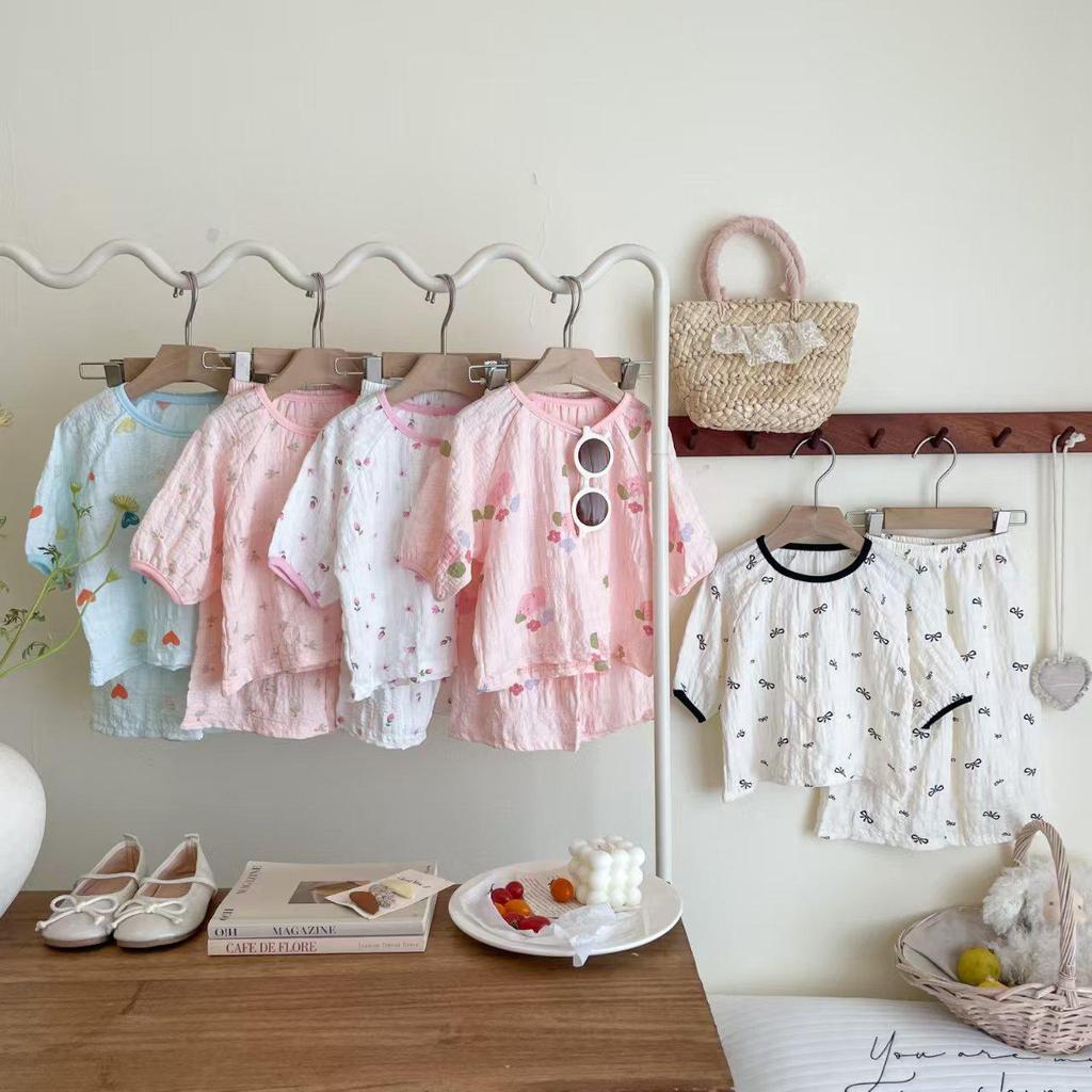 2025 Spring/Summer Girls' Pajama Set: Thin Round Neck, 5-Sleeve, 7/8 Pants, Color Block Design, Perfect for Homewear and Air-Conditioned Rooms