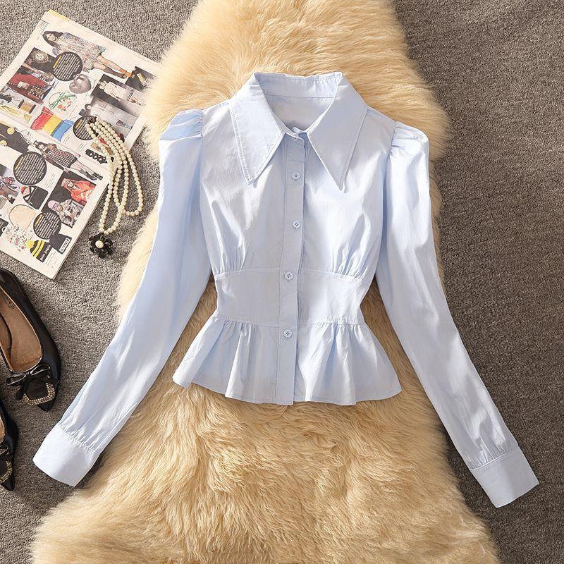 

Новый Шикарный Дизайн Нишевая Маленькая Рубашка с Утяжкой на Талии Французский Стильный Топ с Длинными Рукавами XL небесно-голубой