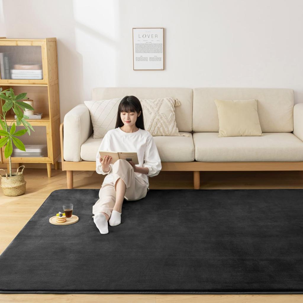 Softime Carpet Thick 15mm Memory Foam 200x250cm 3 Tatami Odor Comfortable for All Compatible with Underfloor Heating and Hot Living Room Solid Black