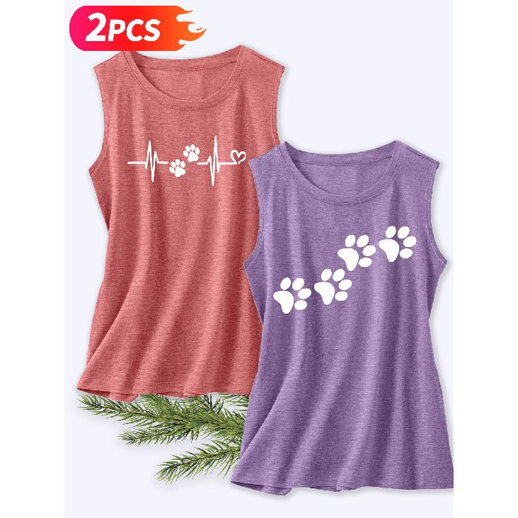 Follow a Specific Direction Two-piece Women's Vest Set Pet Paw Print ECG Print Elegant Summer Party Outfits Sleeveless Vest Essential Fashion Items