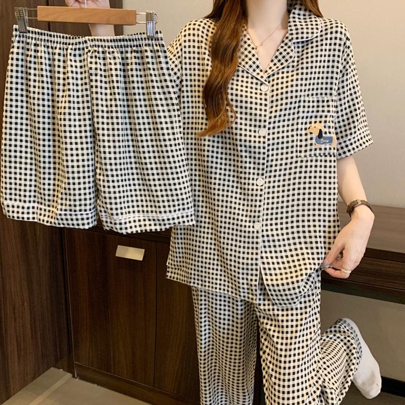 Simple Dachshund Dog Plaid High-Value Cloud Cotton Pajamas Women'S Summer Short-Sleeved Three-Piece Set Loungewear