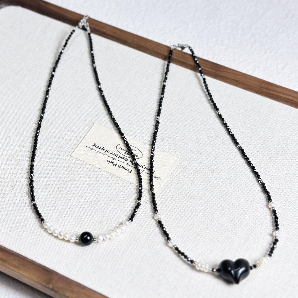 Silver Labradorite and Black Spinel Heart Necklace with Freshwater Pearl Beads