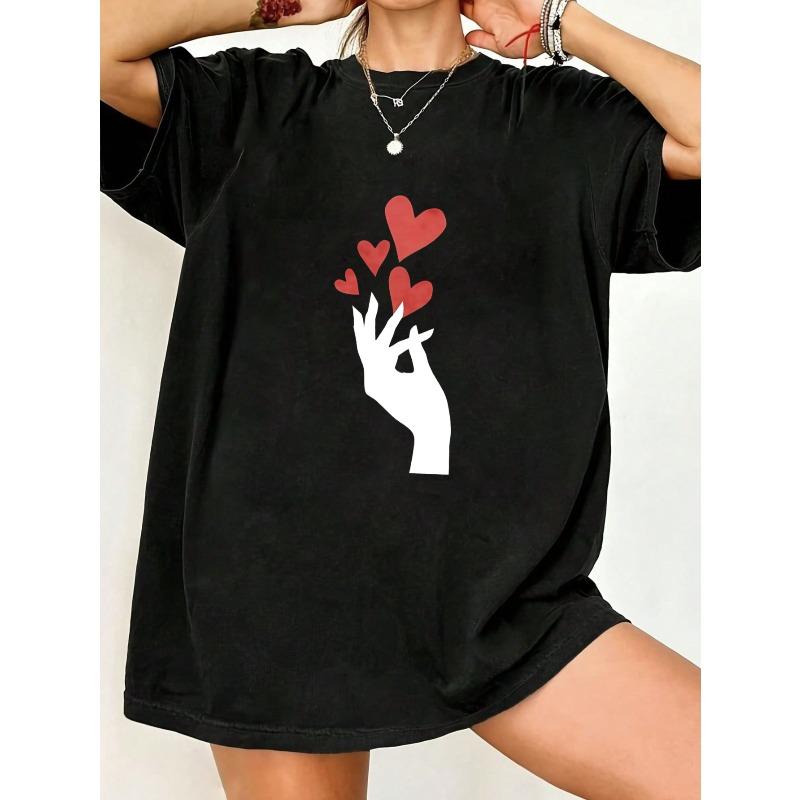 

Black Oversized T Shirt With White Hand And Red Hearts Print For Casual Wear XXXXL чёрный