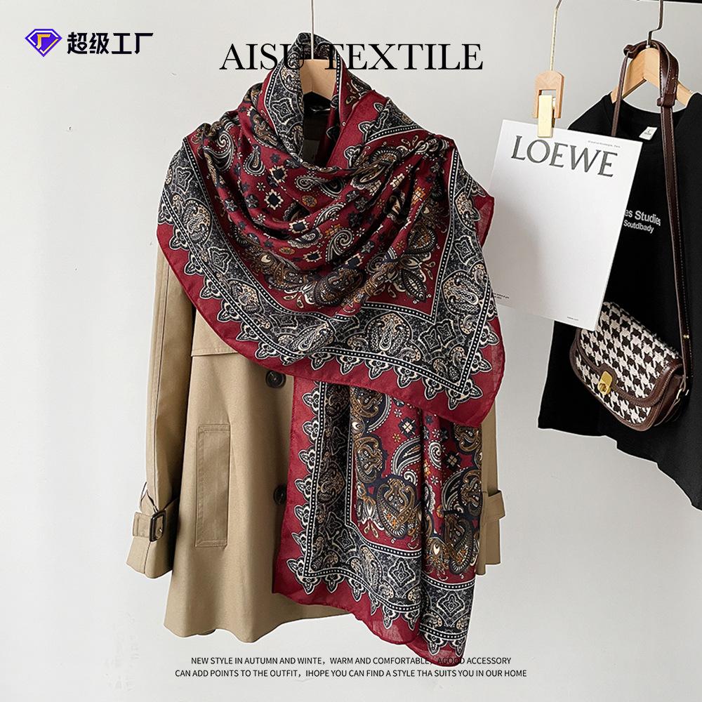 New cotton and linen scarf women's autumn high-end silk scarf soft cashew print angora red shawl headscarf
